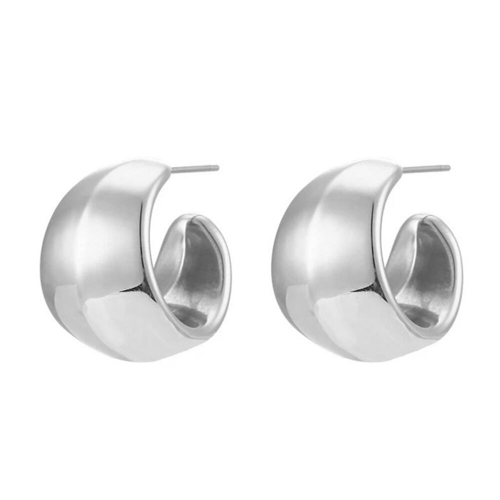 Silver Chunky Hollow C Shape Hoop‎ Earrings - Stainless Steel, Hypoallerg…